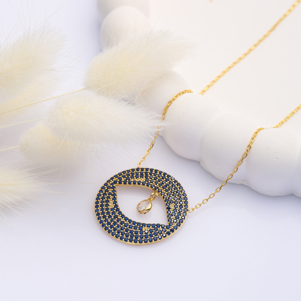 Sapphire CZ Eye Shape Round Charm Necklace