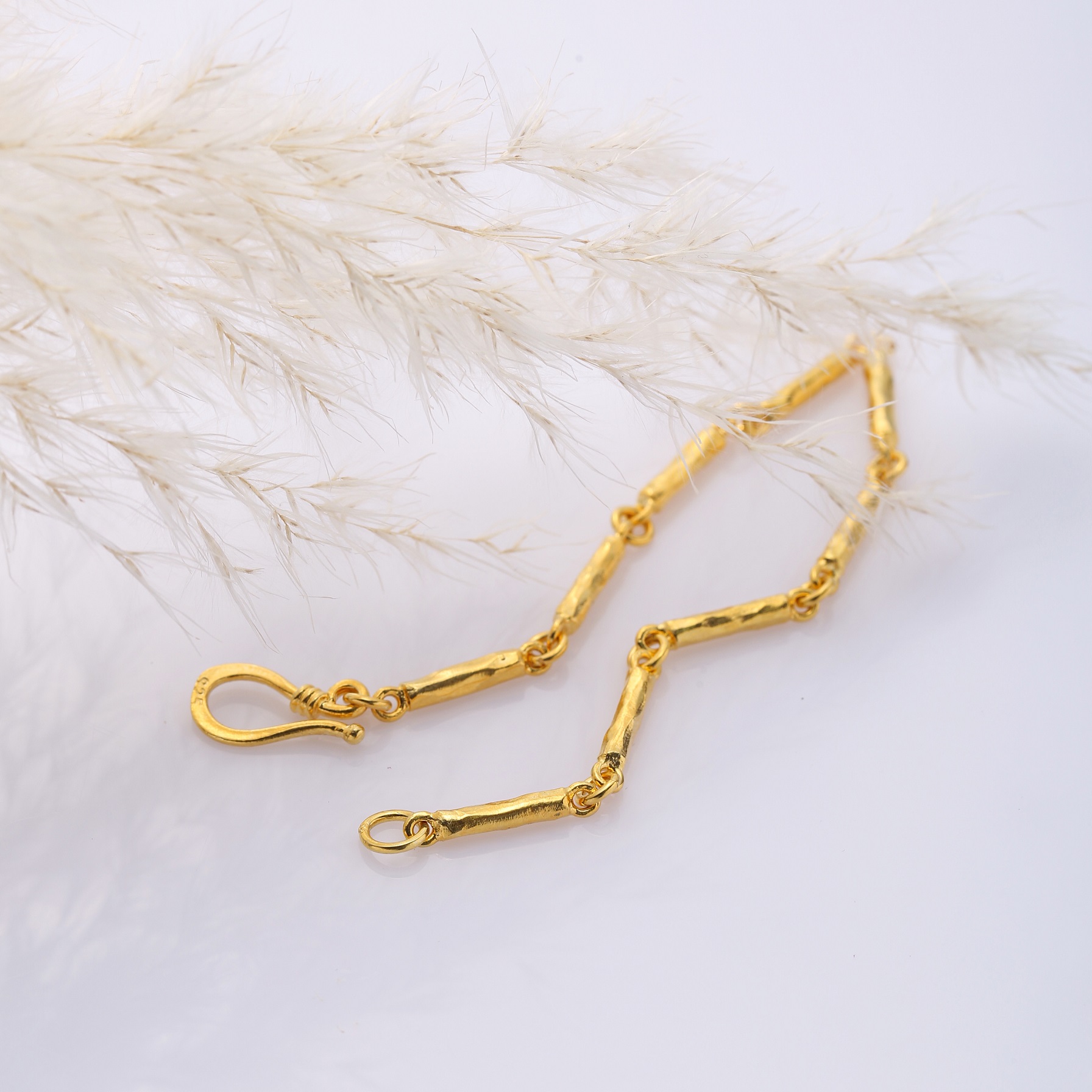 Bar Pillar Chain 22K Gold Plated Hook Clasp Silver Bracelet