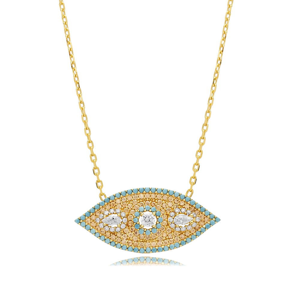 Turquoise CZ Evil Eye Silver Charm Necklace