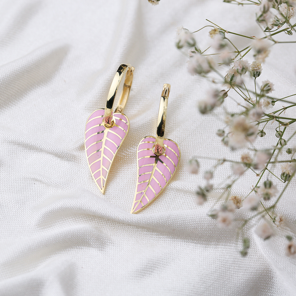 Pink Enamel Leaf Design Earrings Turkish Wholesale 925 Sterling Silver Jewelry