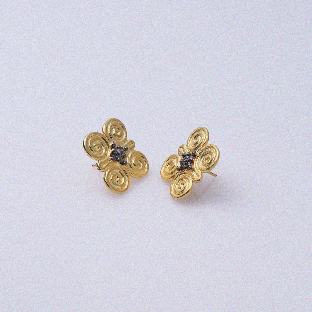 Flower Vintage Silver 22K Gold Stud Earrings