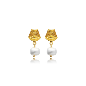 Vintage Design Pearl Silver 22K Gold Stud Earrings