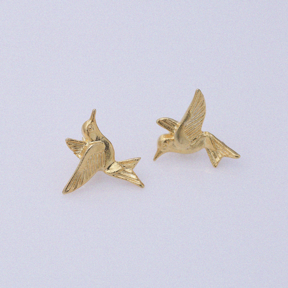 Bird Design Vintage Silver 22K Gold Stud Earrings