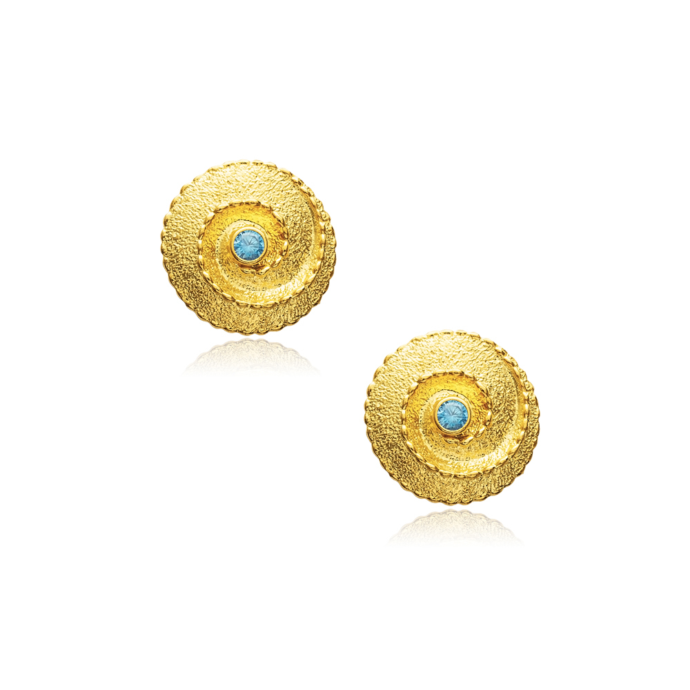 Round Aquamarine CZ Vintage 22K Stud Earrings