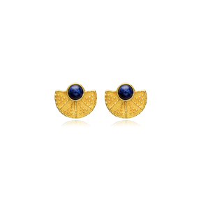 Lapis Fan Design Vintage 22K Stud Earrings