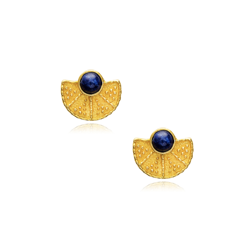 Lapis Fan Design Vintage 22K Stud Earrings