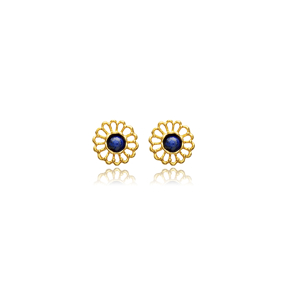 Flower Lapis Design Vintage 22K Stud Earrings