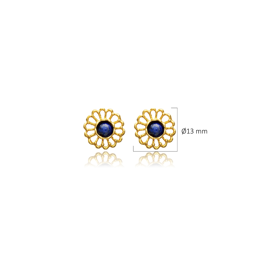 Flower Lapis Design Vintage 22K Stud Earrings