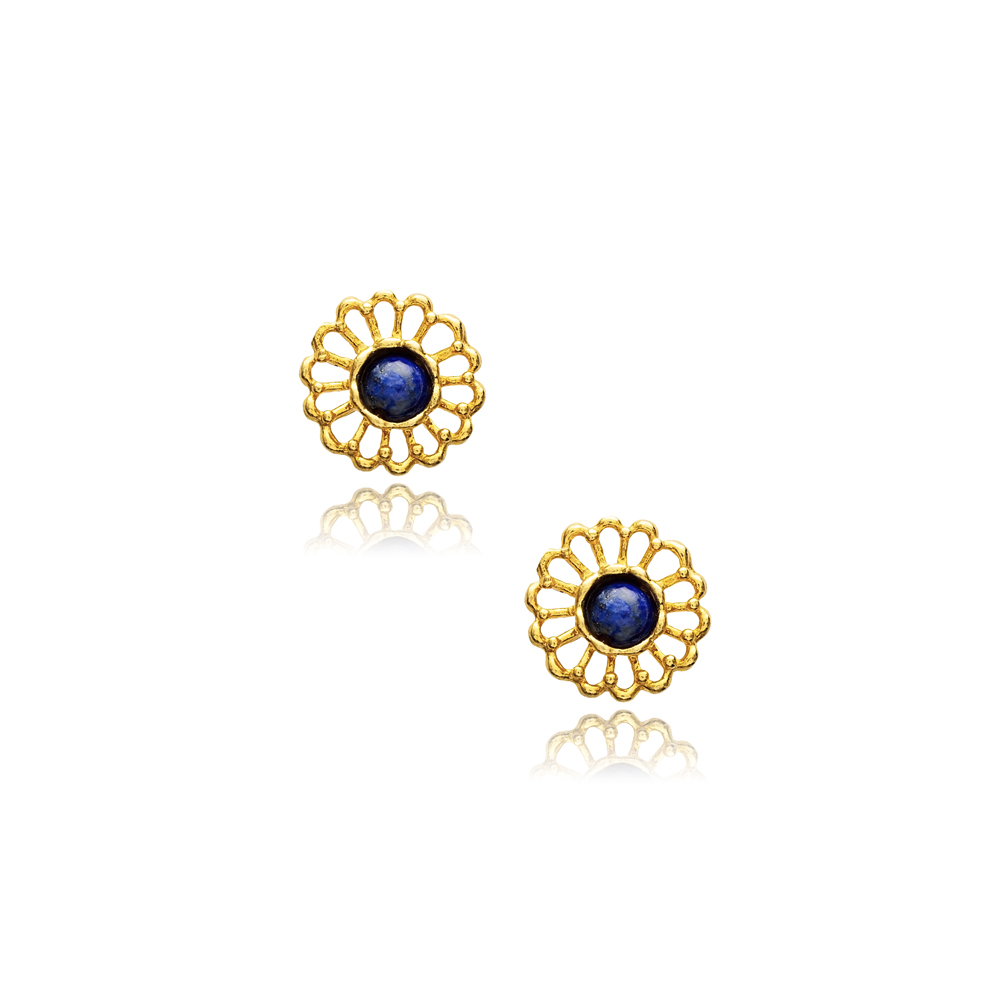 Flower Lapis Design Vintage 22K Stud Earrings