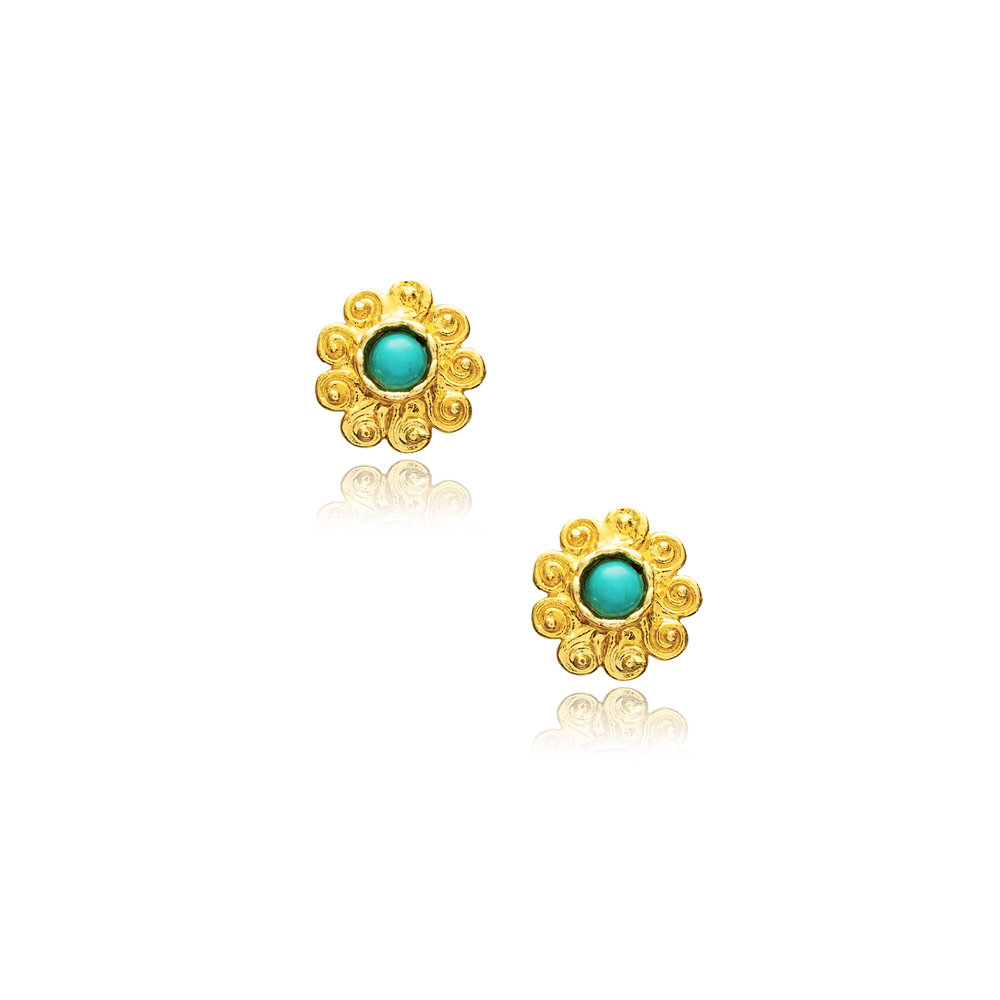 Flower Turquoise Design Vintage 22K Stud Earrings