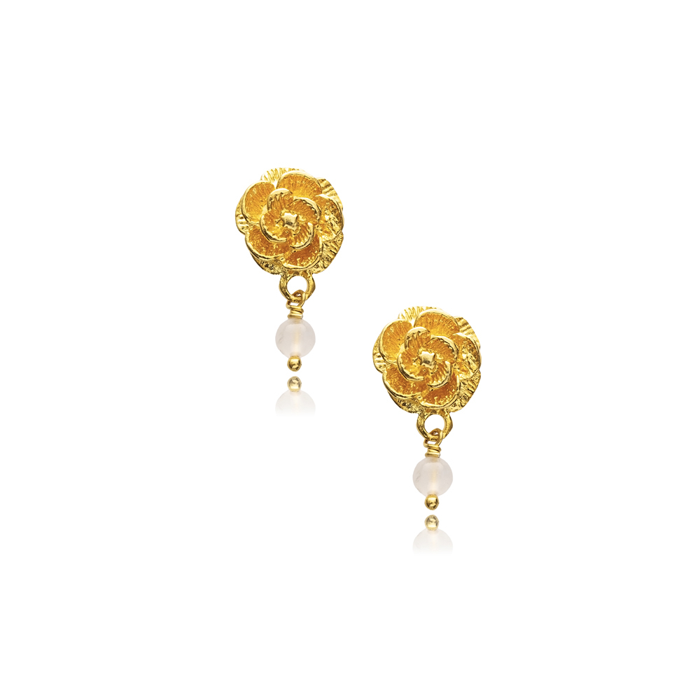 Rose Design Quartz Stone Vintage 22K Stud Earrings