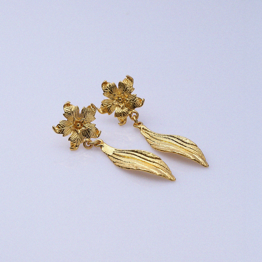 Flower Charm 22K Gold Silver Vintage Earrings