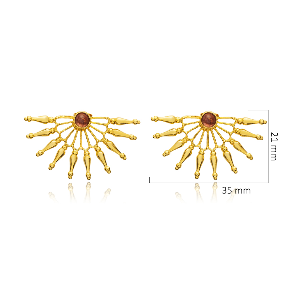Red Tourmaline Fan Design 22K Stud Earrings