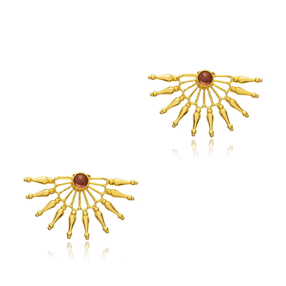 Red Tourmaline Fan Design 22K Stud Earrings