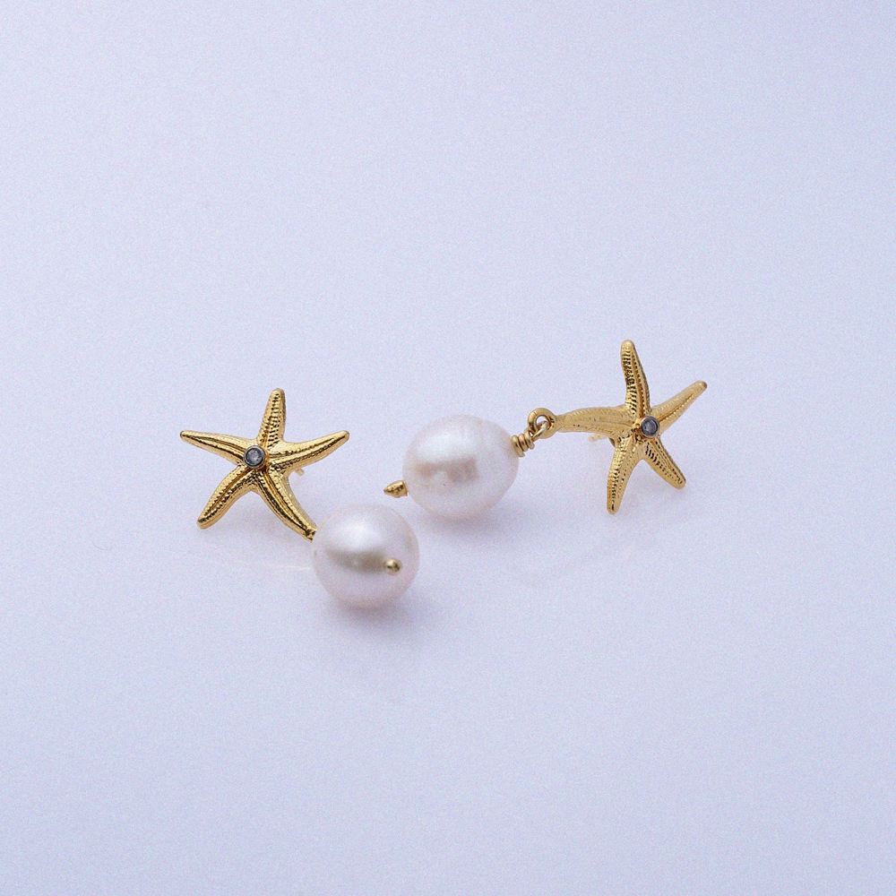 Starfish Charm Pearl 22K Vintage Earrings