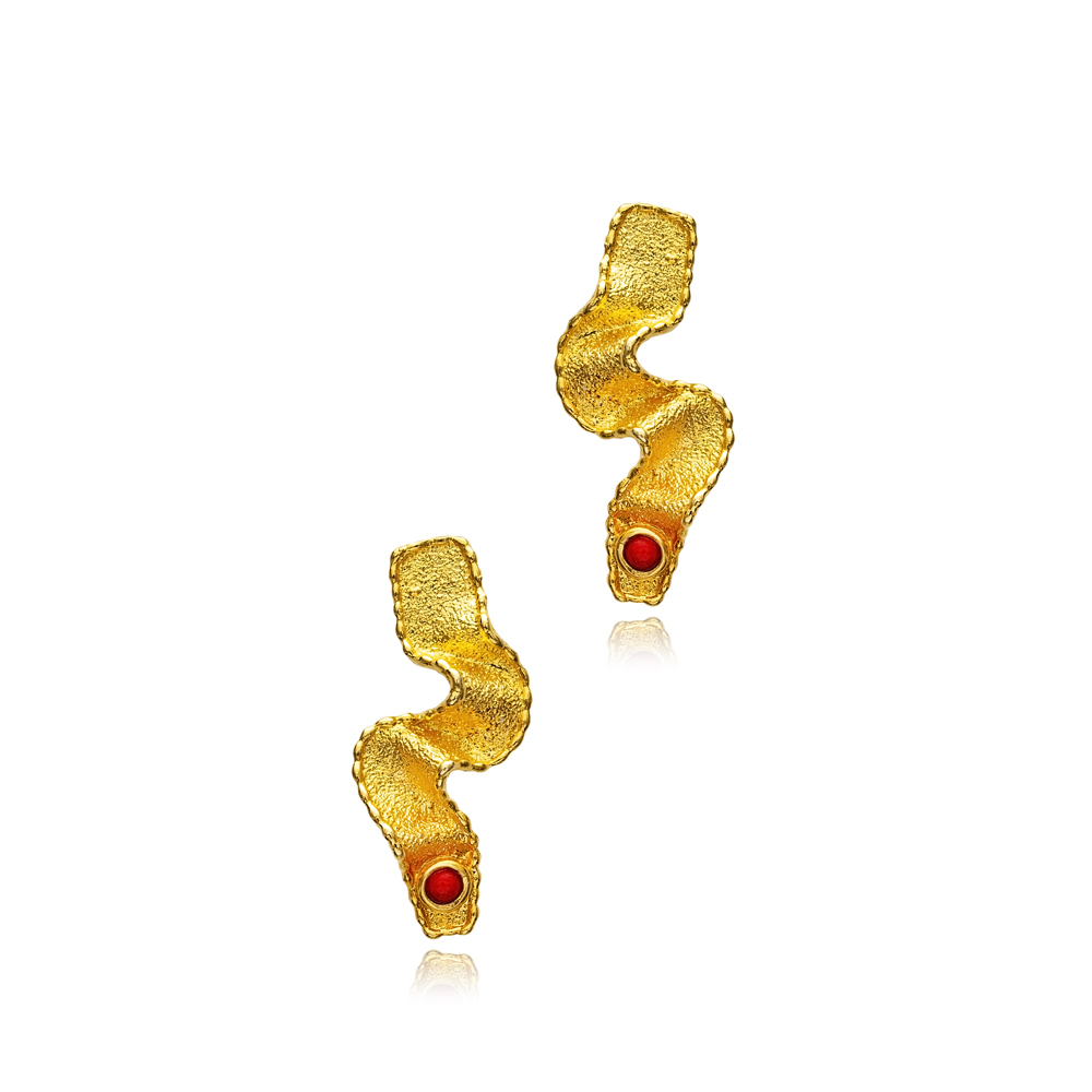 Glass Coral 22K Gold Silver Vintage Earrings