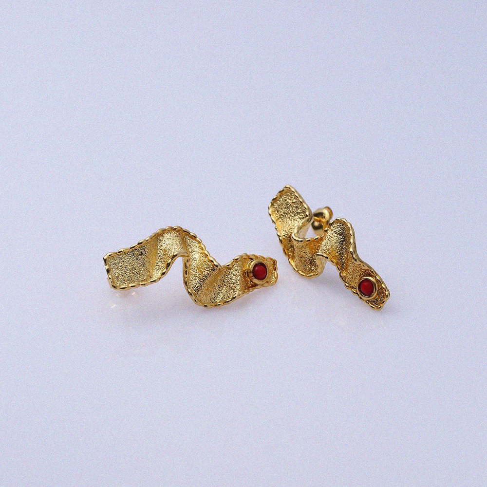 Glass Coral 22K Gold Silver Vintage Earrings