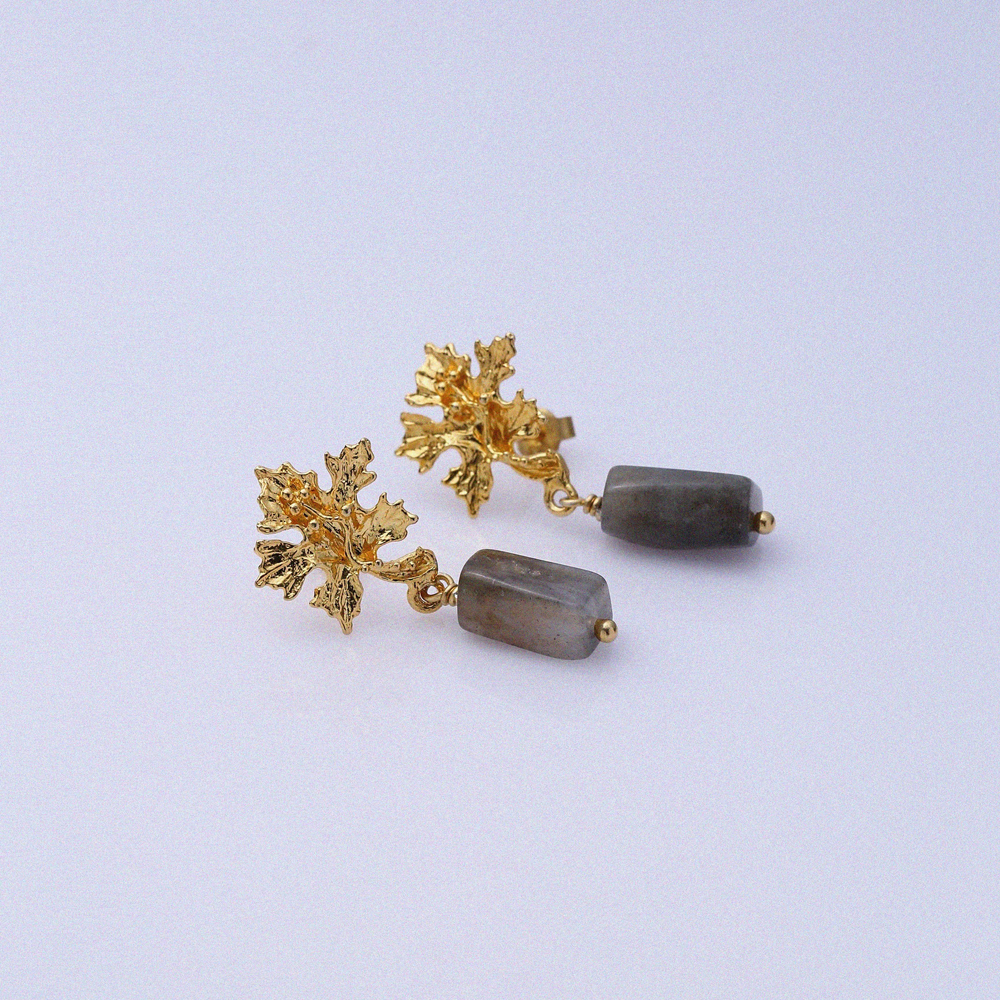 Labrodite Leaf Design Stud 22K Vintage Earrings