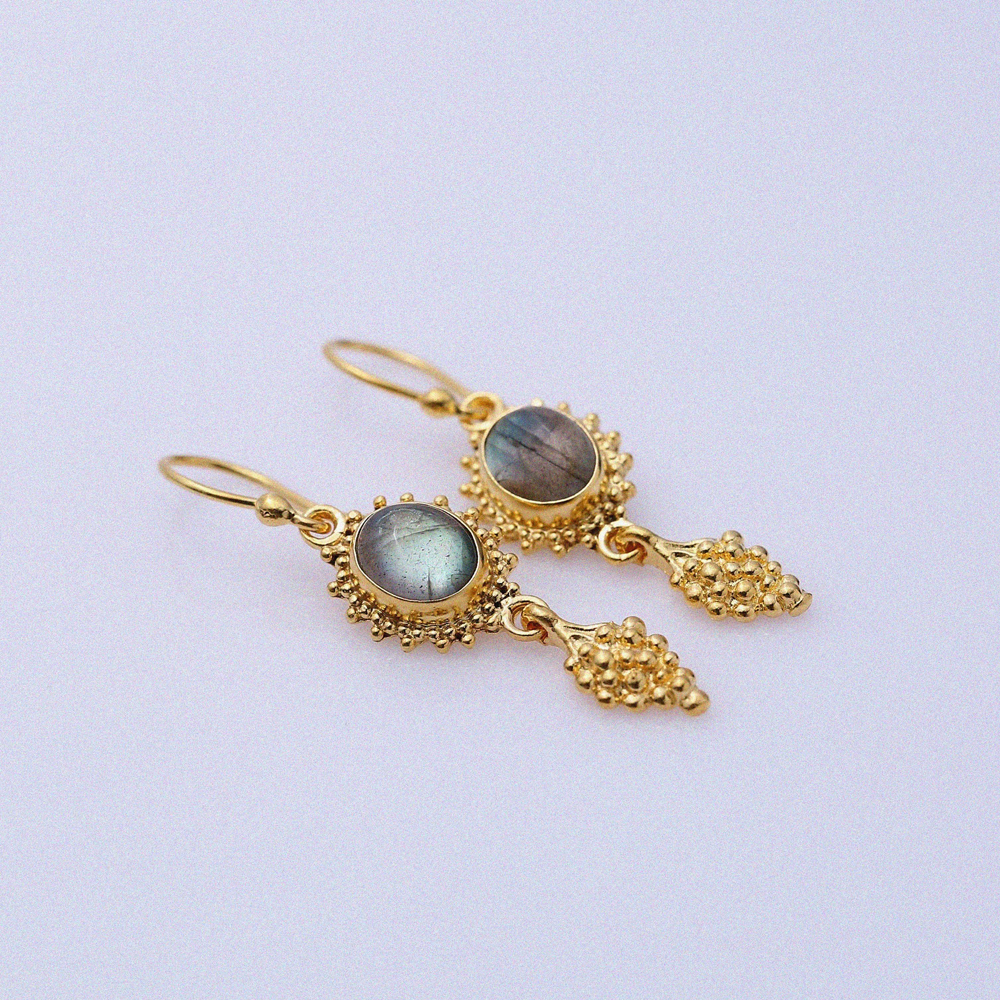 Labrodite Stone Oval Hook 22K Vintage Earrings