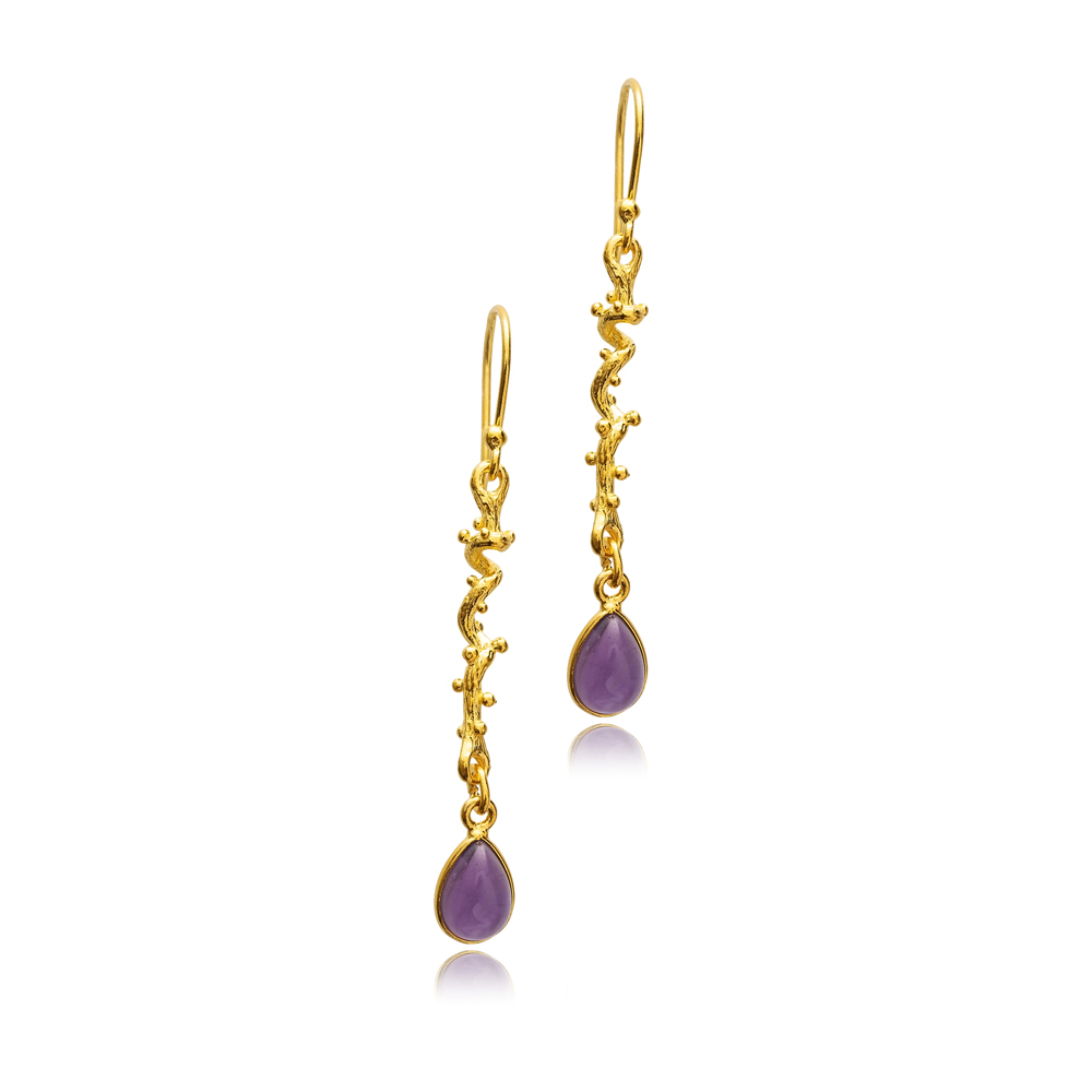 Amethyst Stone Pear Hook 22K Vintage Earrings