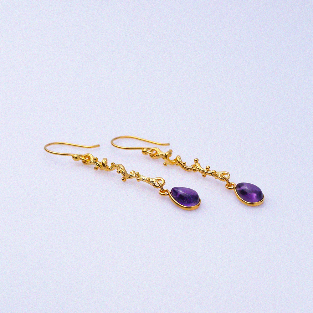 Amethyst Stone Pear Hook 22K Vintage Earrings
