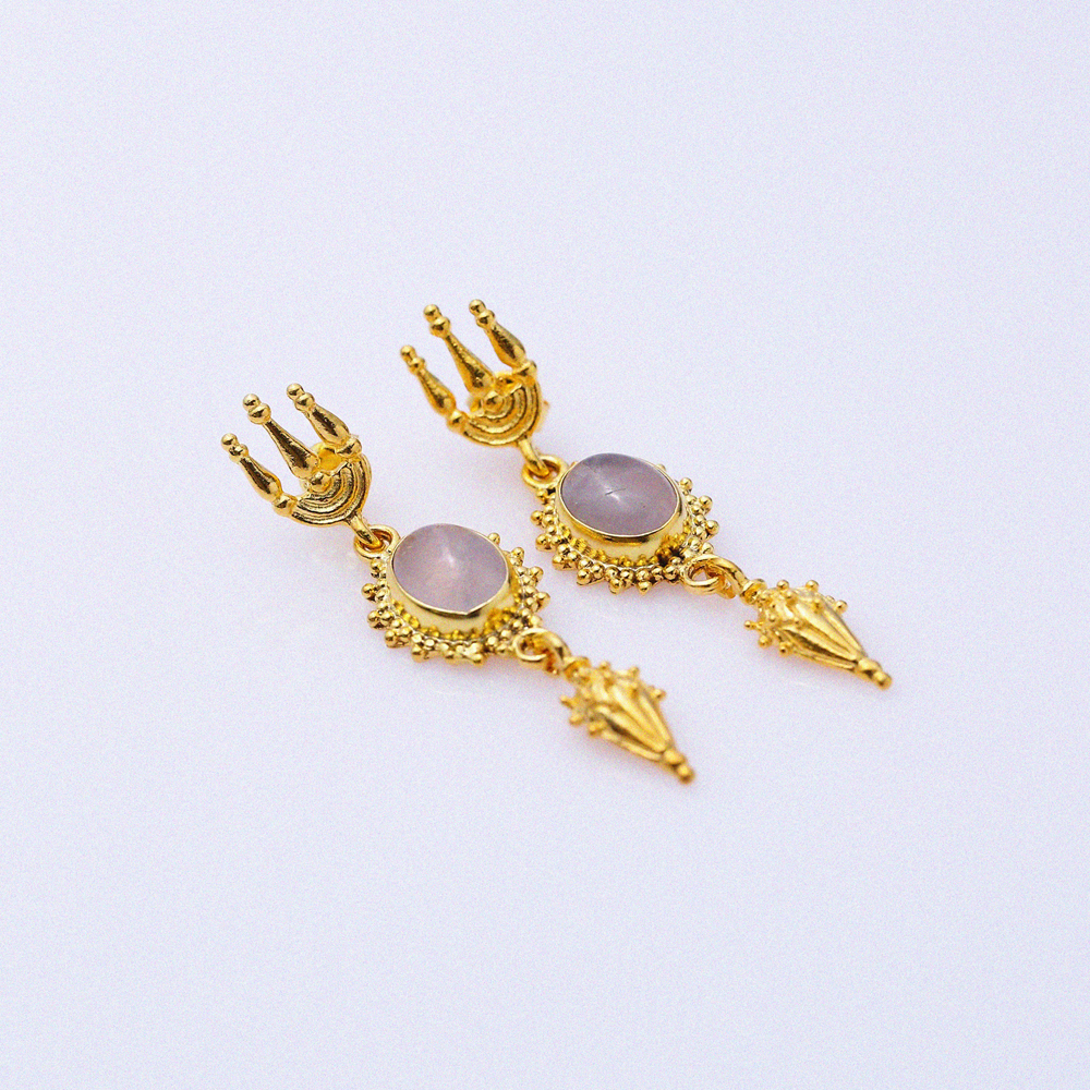 Rose Quartz Stone Oval 22K Vintage Earrings