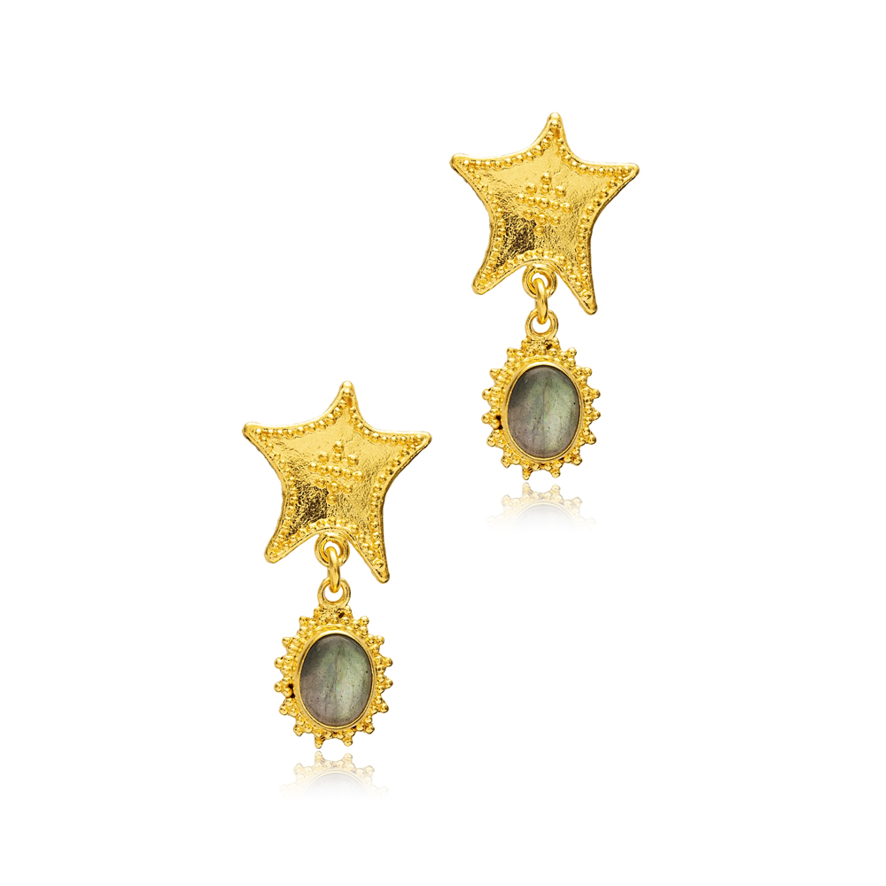 Labrodite Stone Starfish 22K Vintage Earrings