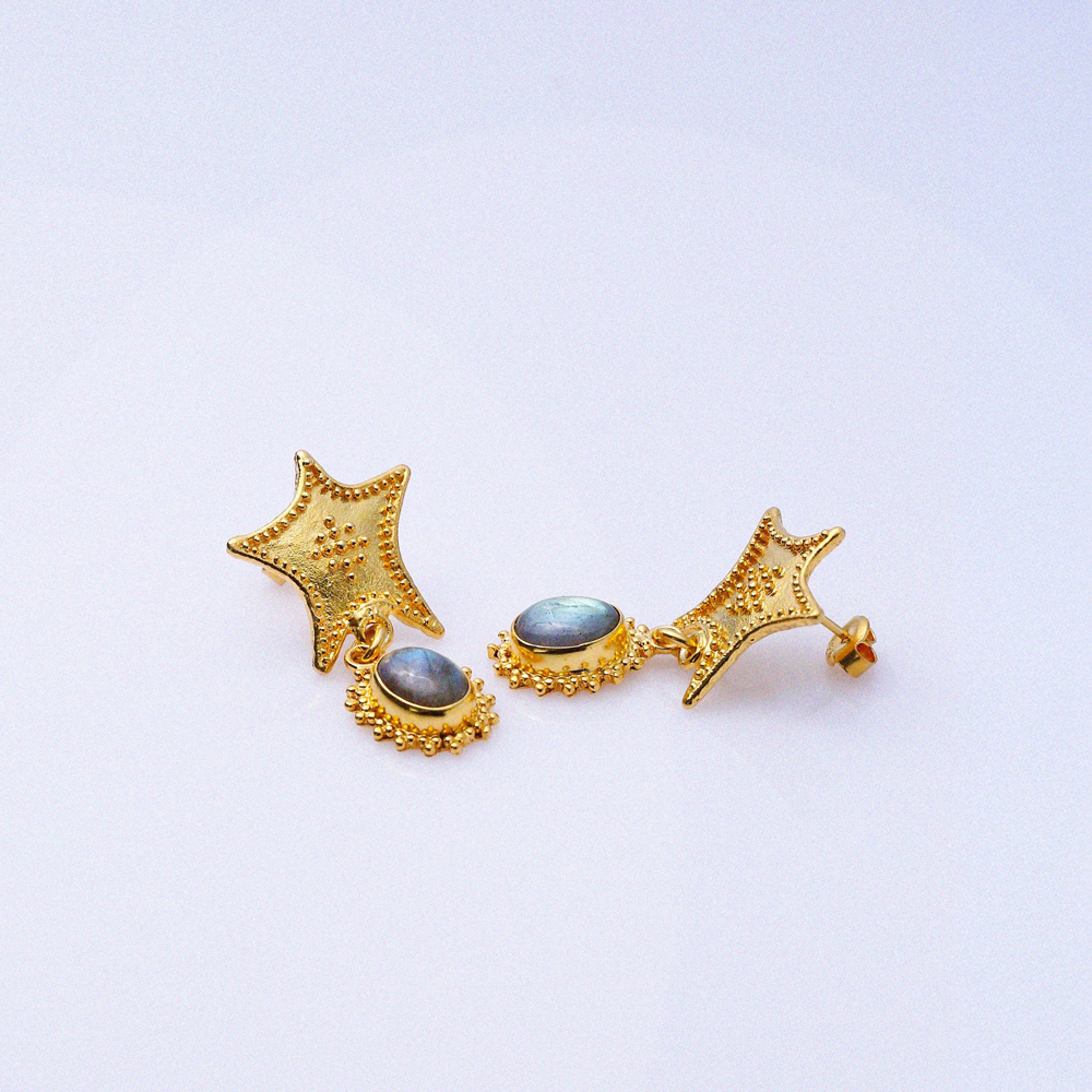 Labrodite Stone Starfish 22K Vintage Earrings