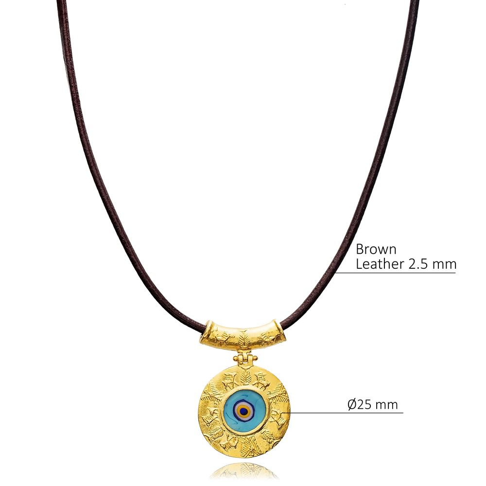 Round Evil Eye Design Leather 22K Vintage Necklace