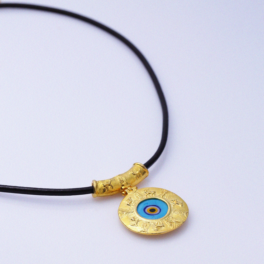 Round Evil Eye Design Leather 22K Vintage Necklace