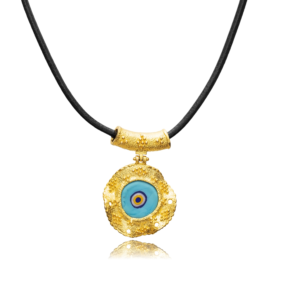 Blue Evil Eye Design Leather 22K Vintage Necklace