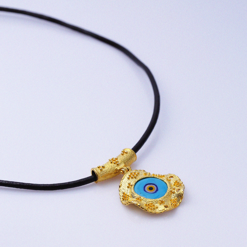 Blue Evil Eye Design Leather 22K Vintage Necklace
