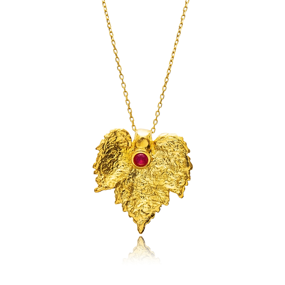 Ruby CZ Leaf Design 22K Vintage Necklace