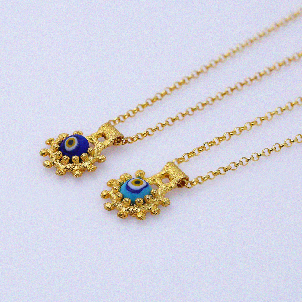 22K Dark Blue Glass Evil Eye Vintage Necklace