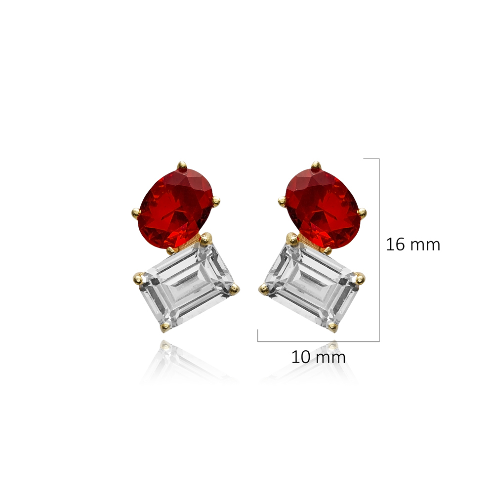 Garnet CZ Oval Design Baguette 925 Stud Earrings