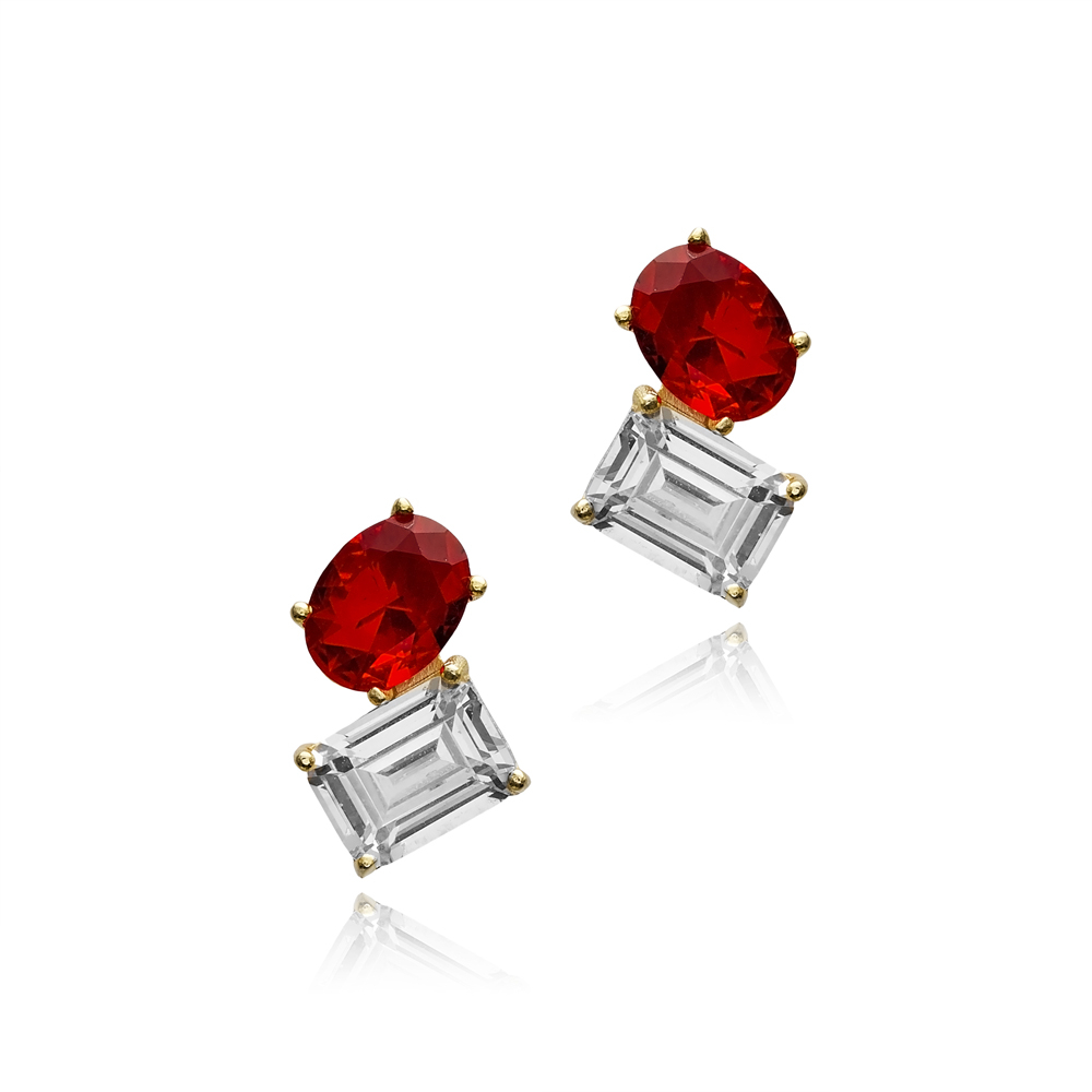 Garnet CZ Oval Design Baguette 925 Stud Earrings