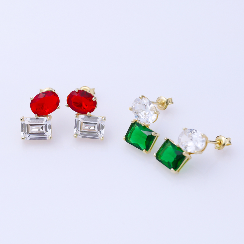 Emerald CZ Oval Design Baguette 925 Stud Earrings