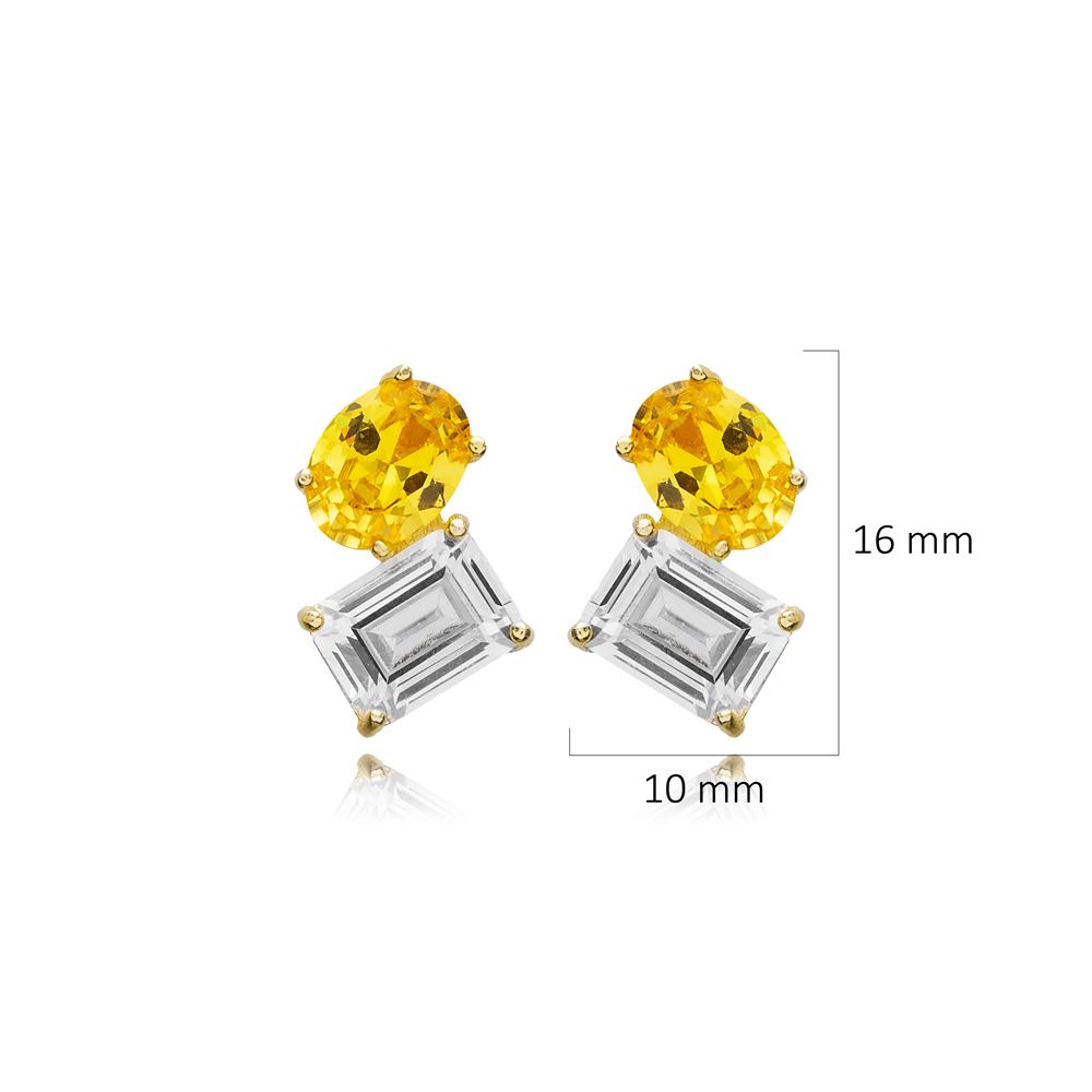 Citrine CZ Oval and Baguette Stone Stud Earrings
