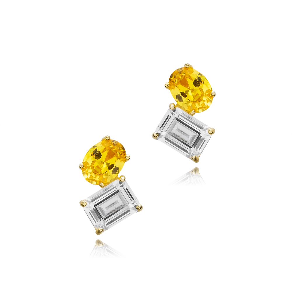 Citrine CZ Oval and Baguette Stone Stud Earrings