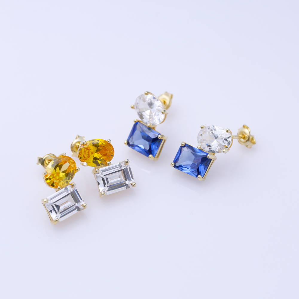 Citrine CZ Oval and Baguette Stone Stud Earrings