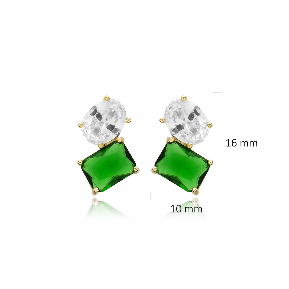 Emerald CZ Oval Design Baguette 925 Stud Earrings