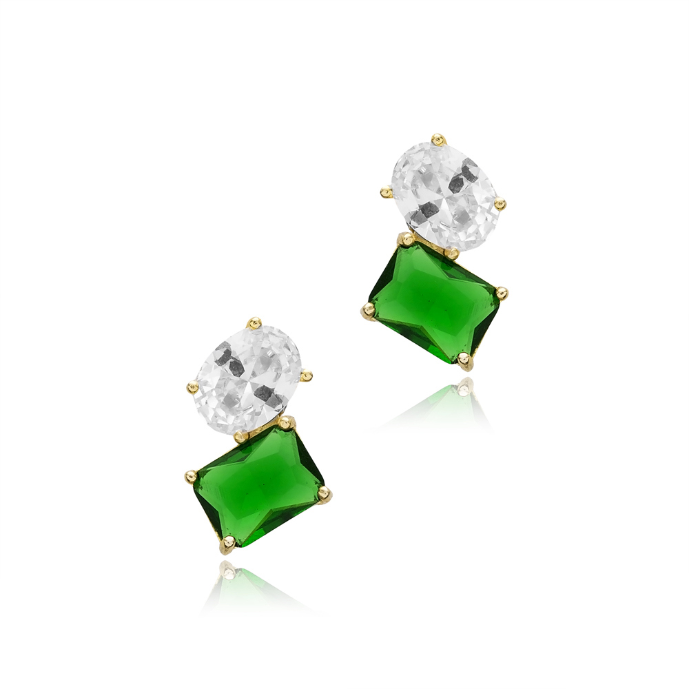 Emerald CZ Oval Design Baguette 925 Stud Earrings