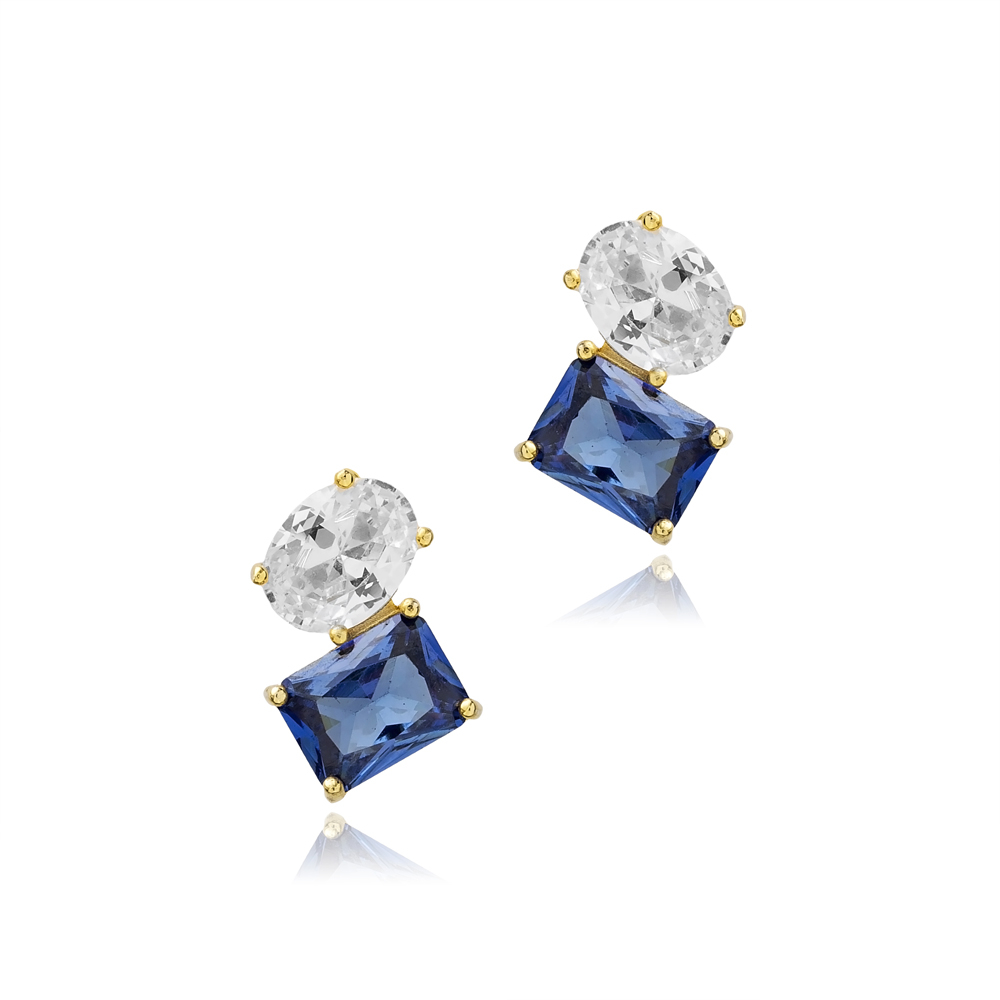 Tanzanite CZ Oval Design Baguette 925 Stud Earrings
