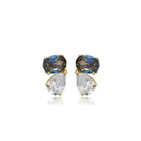 Blue Topaz CZ Oval Baguette 925 Stud Earrings