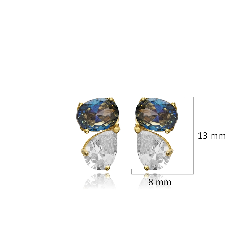 Blue Topaz CZ Oval Baguette 925 Stud Earrings
