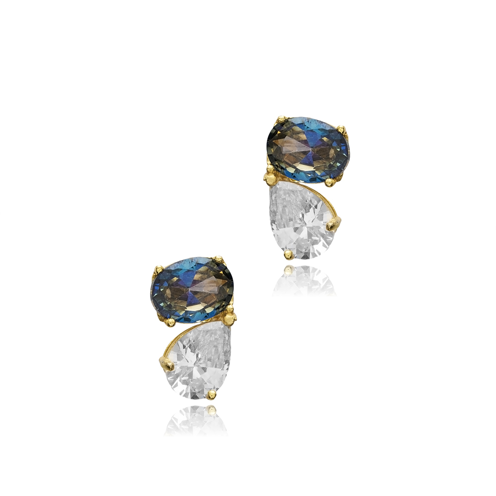 Blue Topaz CZ Oval Baguette 925 Stud Earrings