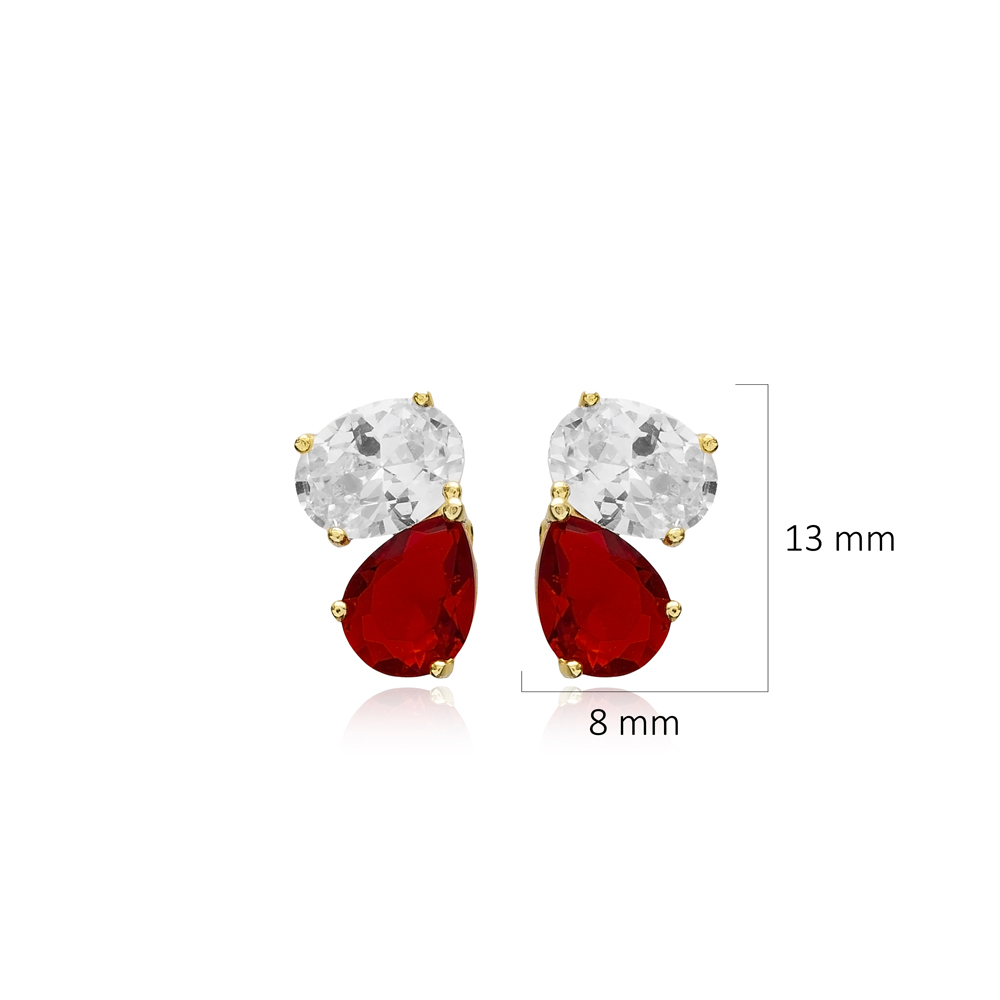 CZ Oval and Garnet Pear Stone Stud Earrings