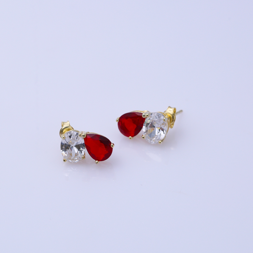 CZ Oval and Garnet Pear Stone Stud Earrings