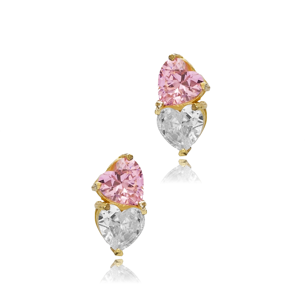 Heart Pink Cz Stone Silver Stud Earrings