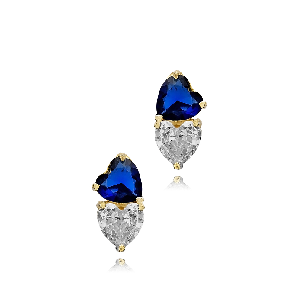 Heart Sapphire Cz Stone Silver Stud Earrings